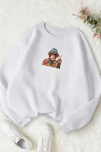 Sweetline Unisex White Monkey Printed Crew Neck Sweatshirt - Winter Embossed Fabric