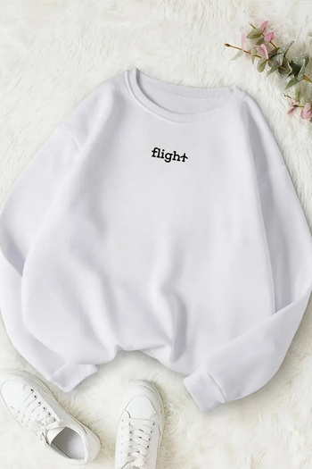 CLAYES Unisex White Fli̇ght Printed Crew Neck Sweatshirt - Winter Embossed Fabric