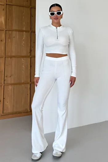 MODAGEN Women's White Half Zip Crop Top with Bottom Pants Set
