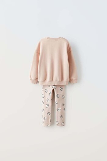 Magu Girls' Cotton Powder Slogan Printed Sweatshirt Floral Patterned Leggings Set