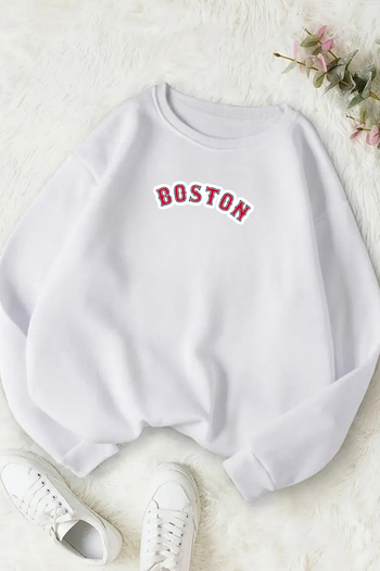 Sweetline Unisex White Boston Red Printed Crew Neck Sweatshirt - Winter Embossed Fabric