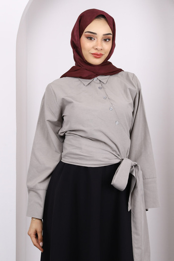 İmajButik Gray Tie Waist Crop Shirt