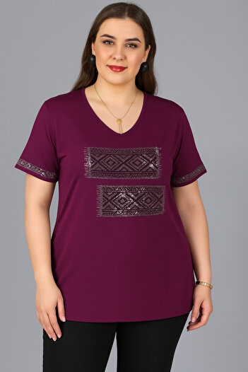 Curvy Trend Plus Size Chest and Sleeve Edge Rug Pattern Short Sleeve Blouse with Stones