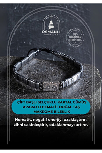 OSMANLI DOĞAL TAŞ Certified Double-Headed Seljuk Eagle Hematite Natural Stone Macrame Bracelet with Silver Apparatus