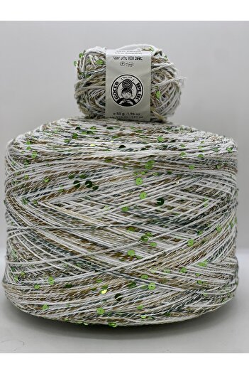 göçer Bag String / Knitting String 100% Cotton Color Cream, Green Transition 3+6 Green Large Sequins 50 Gr