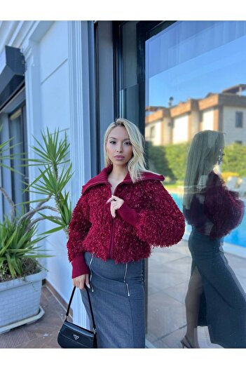 For Angels Fringed Lace Zippered Collar Knitwear Cardigan