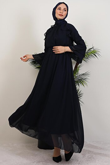 GİYZAMİLA Βολάν Φόρεμα σιφόν Navy Blue