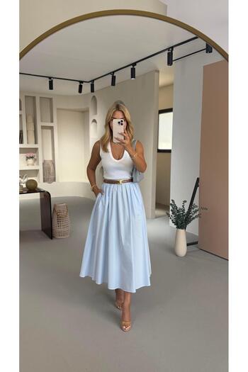 Sezgi Tekin Premium Series Pleated Baby Blue Poplin A-Line Skirt