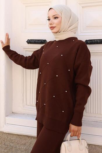 Modamihram Stone Detailed Knitwear Set Brown 6148