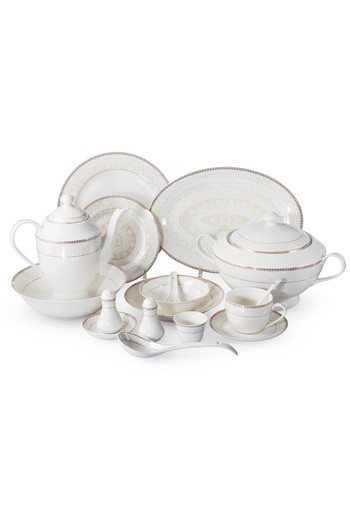 Dania 70-piece porcelain dinner set, white with gold lines, for 6 people