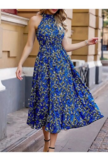 buğrahayalin Women's Off the Shoulder Circle Neckline Pattern Maxi Single Jersey Dress
