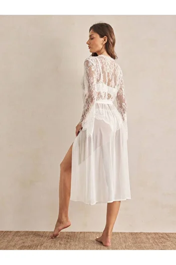 Jermo Women's French Lace Detailed Belt Fashionable and Elegant Long Chiffon Dressing Gown with Belt