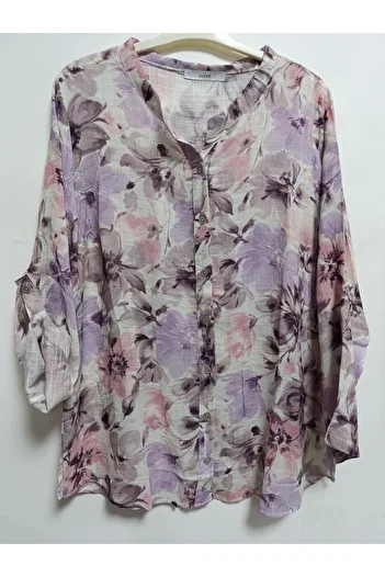 AKŞEN GİYİM Plus Size 100% Cotton Imported Linen Fabric Foldable Sleeves Pattern Shirt