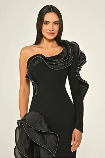 ALFABETA Long crepe evening dress with one sleeve