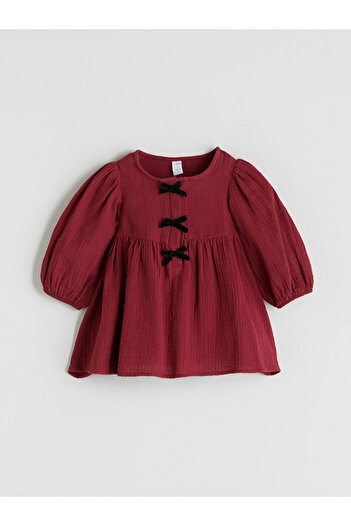 LC Waikiki Burgundy Crew Neck Bow Detailed Girl's Dress