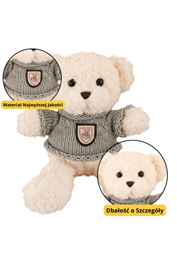 REBELS Plush Teddy Bear with Gray Sweater – White, 26 cm