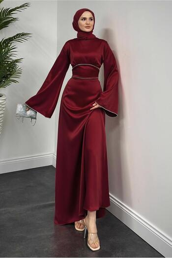 TRENDTESETTÜR Women's Bordo Satin Evening Dress t 9516