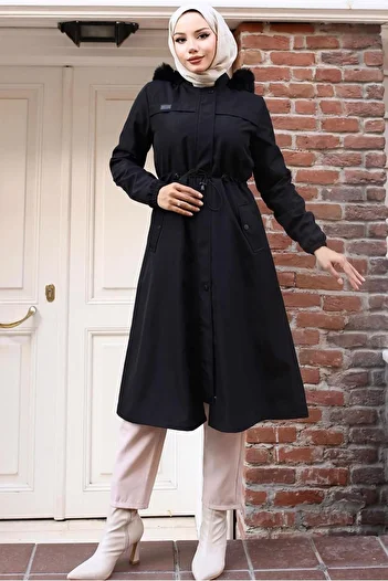TRENDTESETTÜR Women's Black Hooded Fur Coat t 3501