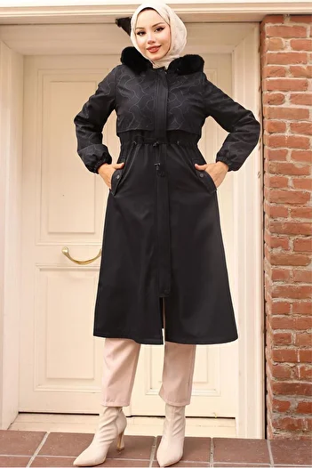 TRENDTESETTÜR Women's Black Hooded Coat t 7801