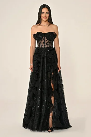 ALFABETA Strapless Corset Transparent Waist Tulle Long Dress