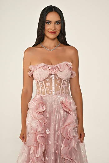 ALFABETA Strapless Corset Transparent Waist Tulle Long Dress