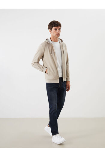LC Waikiki Beige Hooded Long Sleeve Men's Zip-Up Sweatshirt