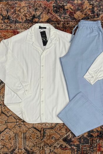 NO 601 Men's White Big Striped Shirt & Baby Blue Muslin Linen Pantalon Set
