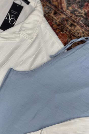 NO 601 Men's White Big Striped Shirt & Baby Blue Muslin Linen Pantalon Set