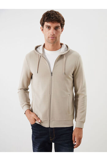 LC Waikiki Beige Hooded Long Sleeve Men's Zip-Up Sweatshirt