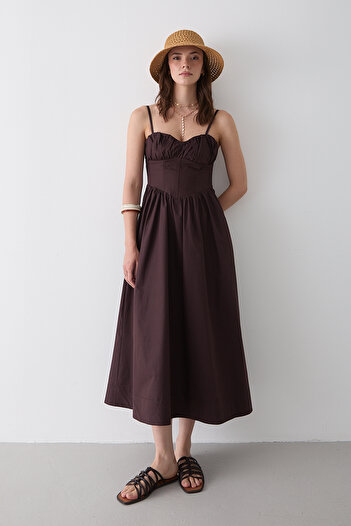 Laluvia Brown Waist Detailed Poplin Dress - 2001