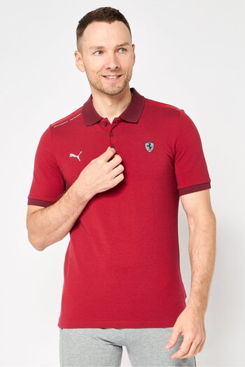 Puma x Scuderia Ferrari Men Sportswear Fit Short Sleeve Outdoor Polo Shirt, Dark Red