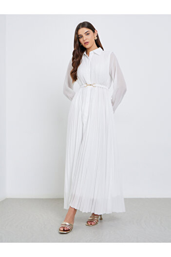 Styli Pleated Shirt Maxi Dress with Belt Detail