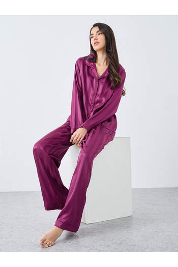 Styli Satin Jacquard Striped Piped Shirt and Pyjama Set