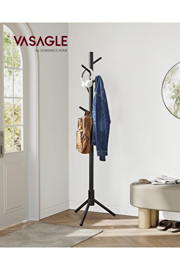 VASAGLE Solid wood coat rack 47x47x175 cm, 8 hooks and adjustable height, triangular base, black
