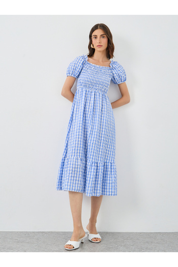 Styli Women Blue Gingham Checked Midi Dress
