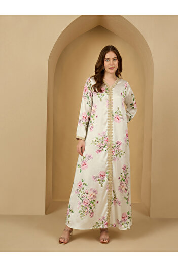 Styli Cream Floral Satin Jalabiya with Lace Detail