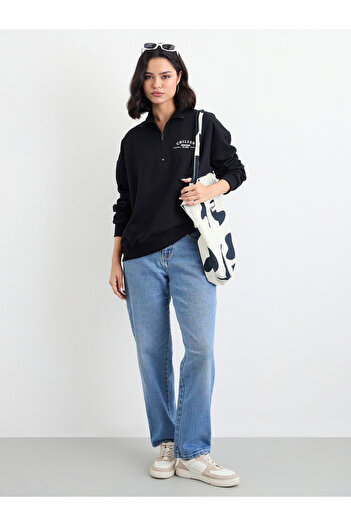 Styli Regular Fit Slogan Sweatshirt with Half Zip