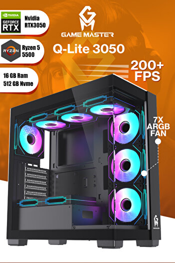 GM Game Master QLite 3050 Ryzen 5 5500 Cpu 16gb 3200mhz Ram 512gb Nvme M.2 Ssd Rtx3050 7X ARGB Fan Gaming Pc