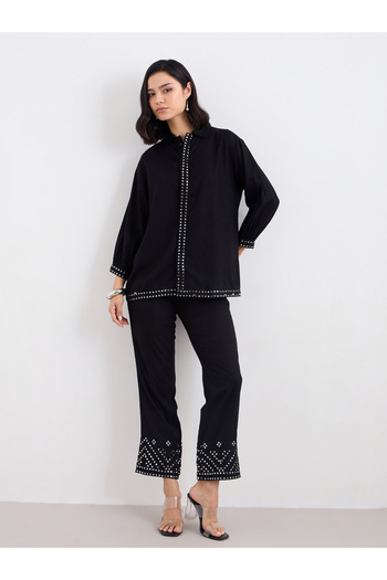 Styli Women Black Mirror-Work Longline Shirt and Pants Co-Ords