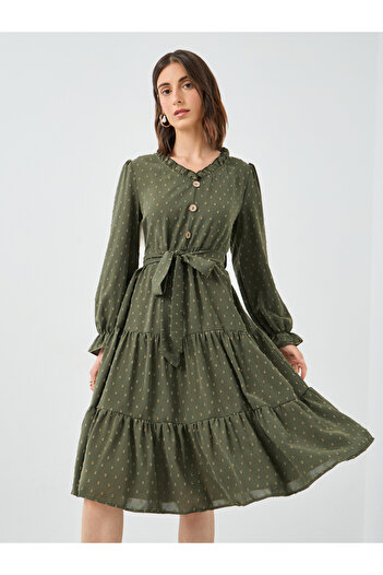 Styli Women Dobby Tiered Knee Length Dress