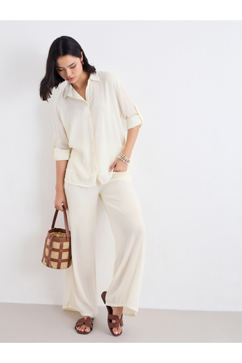 Styli Women Cream Crinkled Oversized Shirt and Pants Co-Ords