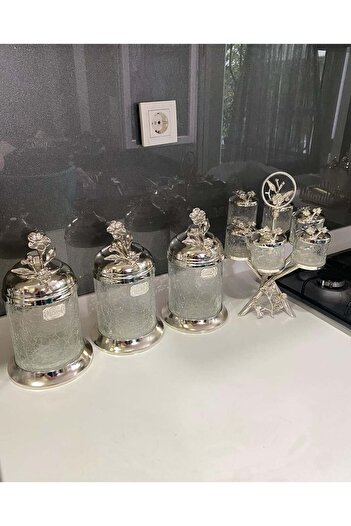 AZADE BAKIR Silver Rice Japonguelle Without Legs Luxury 3-Piece Jar and Midi Zigzag 6-Piece Glass Spice Bowl Set of Two