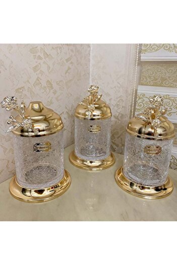 AZADE BAKIR Gold Brass Japongul Without Foot 3-Piece Jar and Midi Zigzag 6-Piece Glass Spice Jar Set of 2