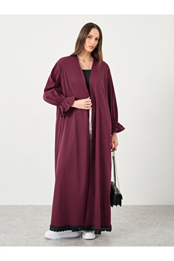 Styli Women Burgundy Lace Trim Regular Fit Maxi Kimono