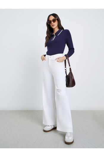 Styli High Rise Wide Leg Jeans with Light Distress