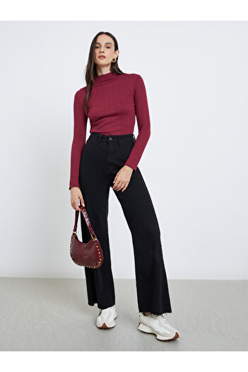 Styli Burgundy Mock Neck Textured Knit Fitted Top