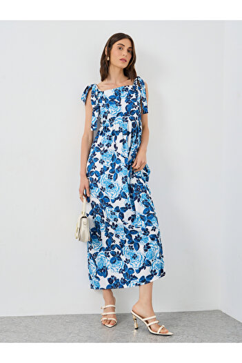 Styli Floral Print Tie Shoulder Midi Dress