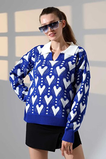 ALCHON Polo cu decolteu în V, mânecă lungă, cu model de inimă, panou jacquard, iarnă, elegant, de bază, tricotaj gros