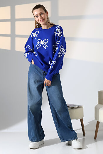 ALCHON Gât rotund, cu mânecă lungă, papion, model cu fundă, panou jacquard, tricotaj cu detalii de perle, pulover de iarnă