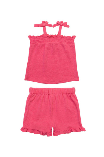 Minoti - Textured Co-Ord with Frilled Shorts and Bow Tie Top - Hot Pink